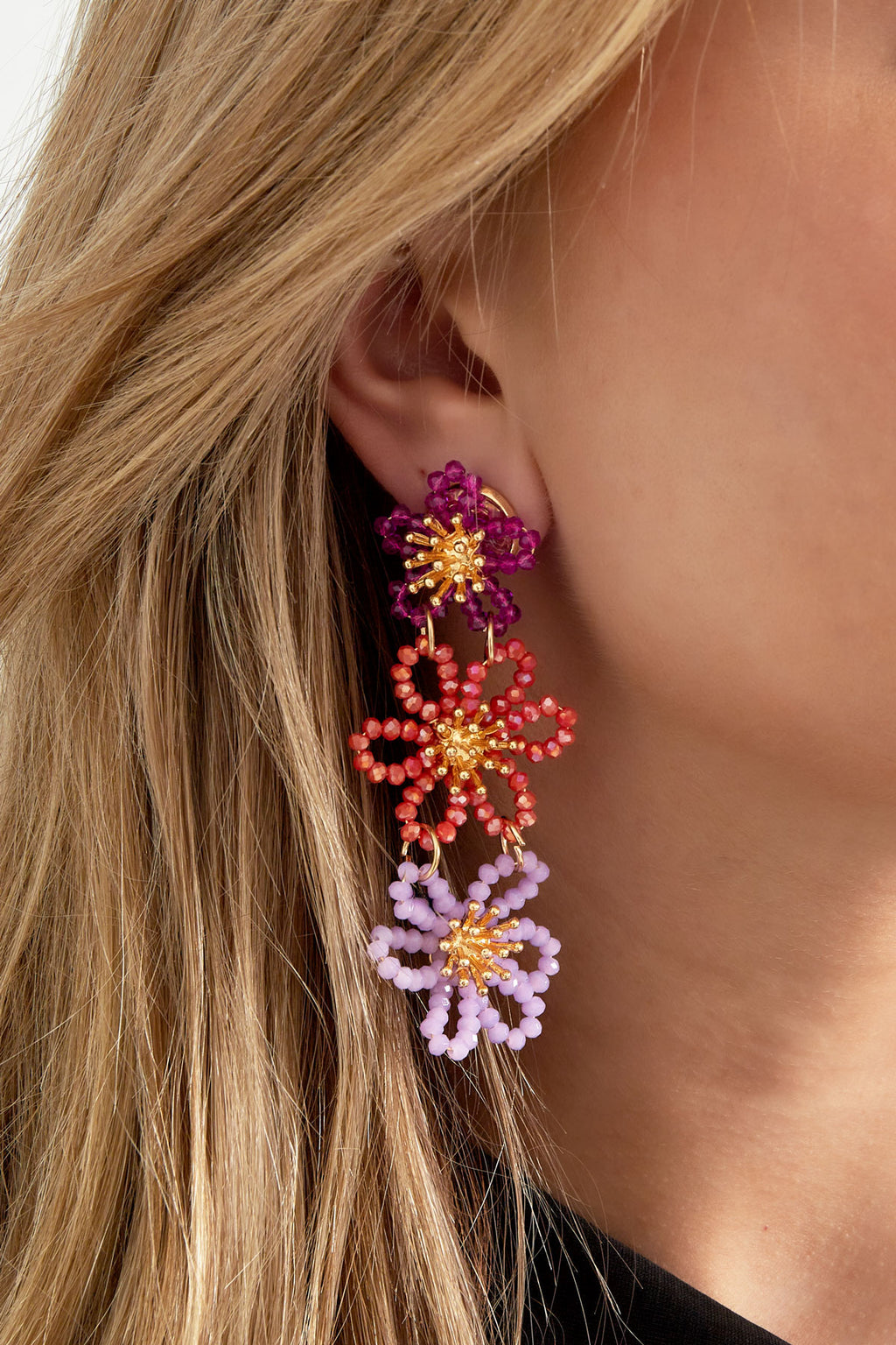 Flower party statement earrings - orange/purple