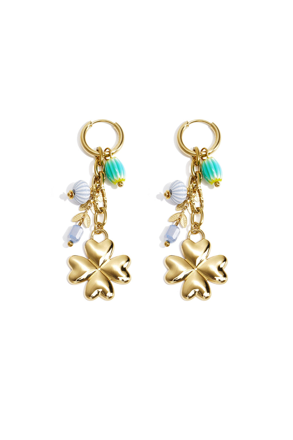 Small hoop earrings with hanging clover, beads and leaves