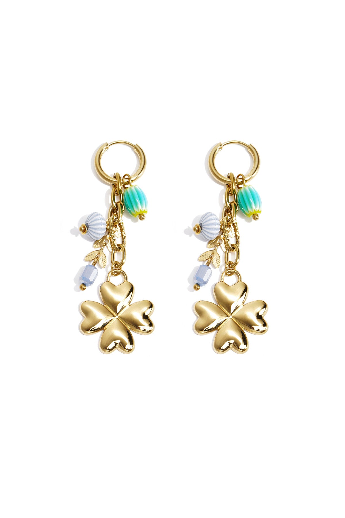 Small hoop earrings with hanging clover, beads and leaves