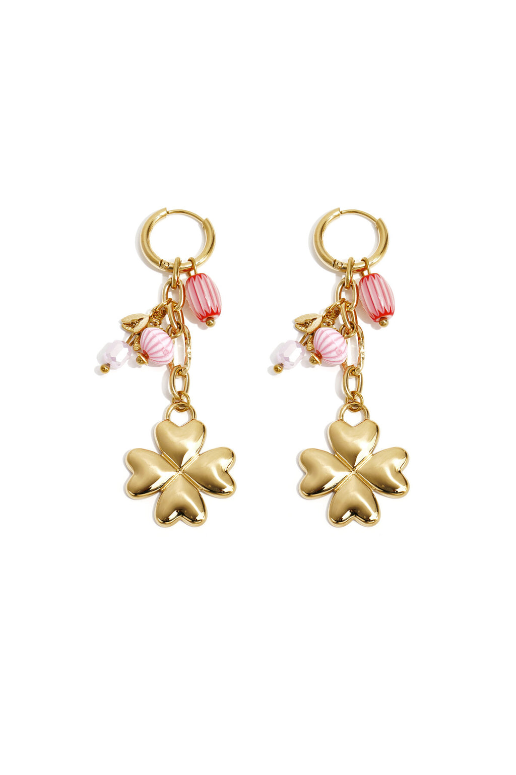 Small hoop earrings with hanging clover, beads and leaves