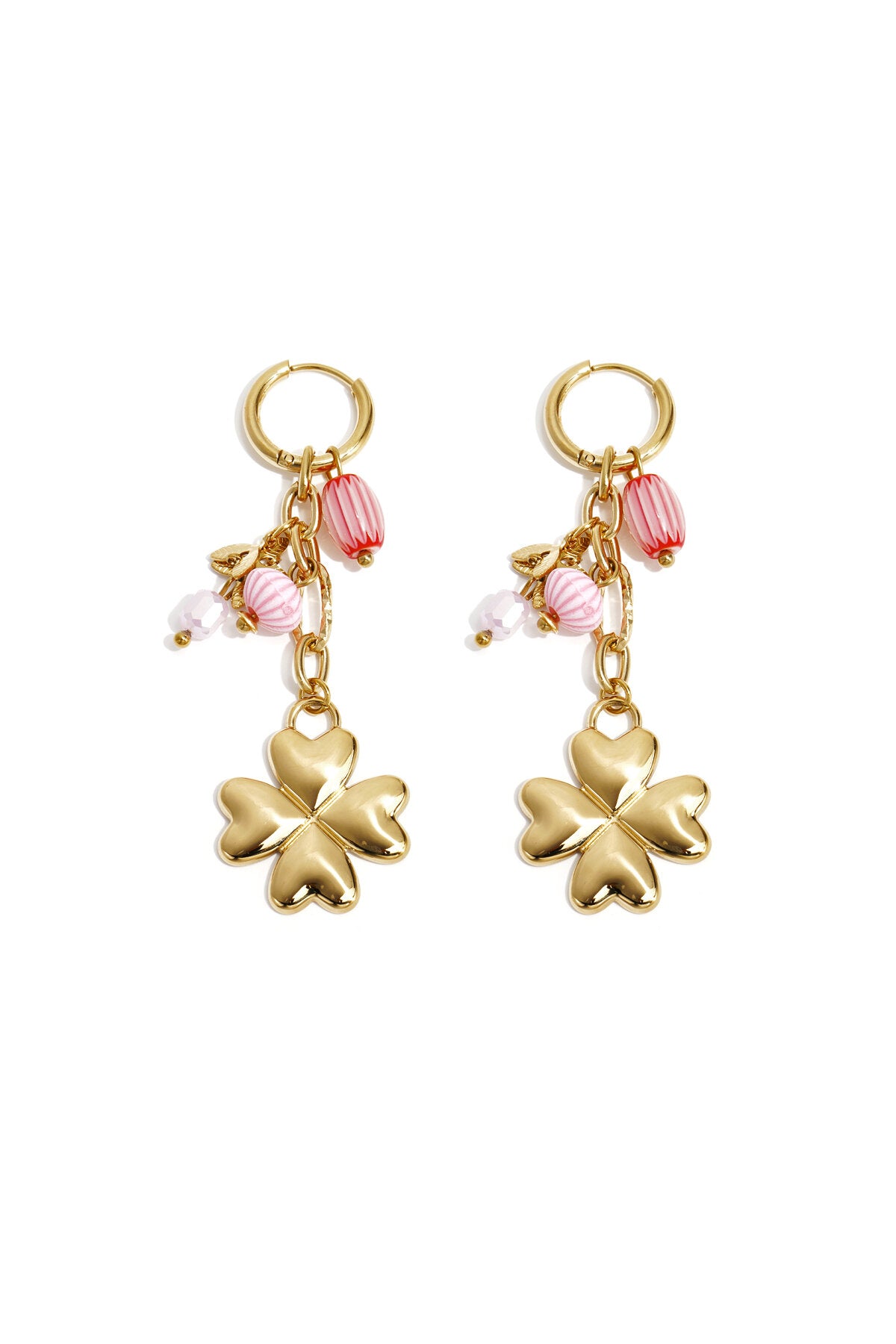 Small hoop earrings with hanging clover, beads and leaves