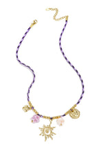 Colorful cord necklace with varying pendants purple
