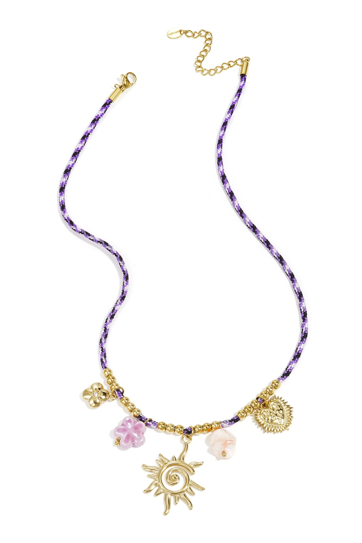 Colorful cord necklace with varying pendants purple